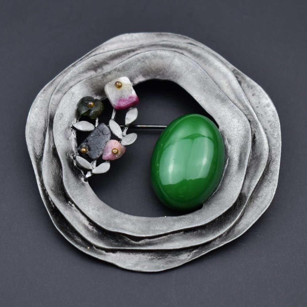 Large branch brooch silver tone, accent green berries brooch